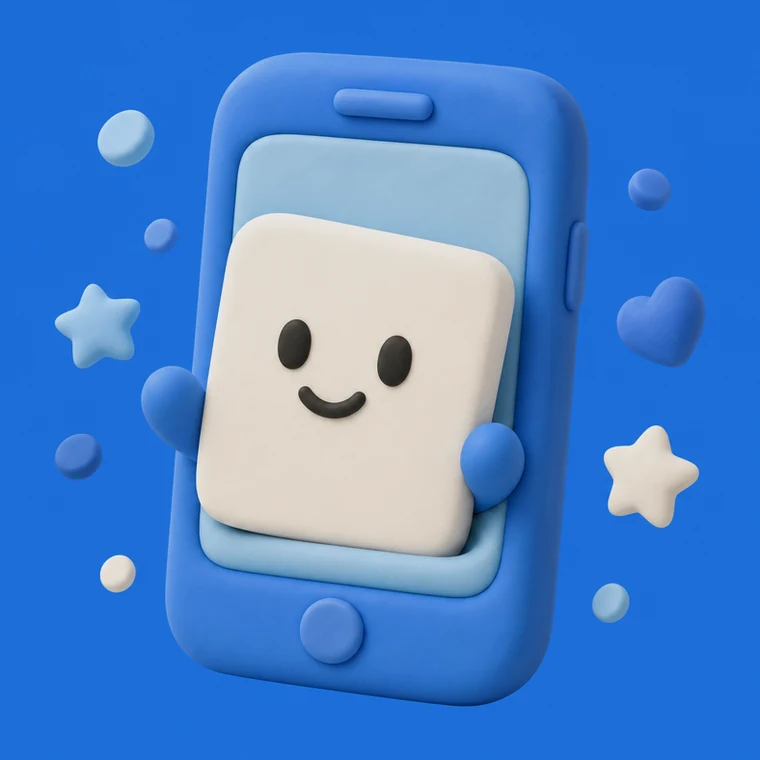 Un personnage-formulaire en argile qui fait coucou depuis l'écran d'un téléphone bleu trapu, entouré d'étoiles
