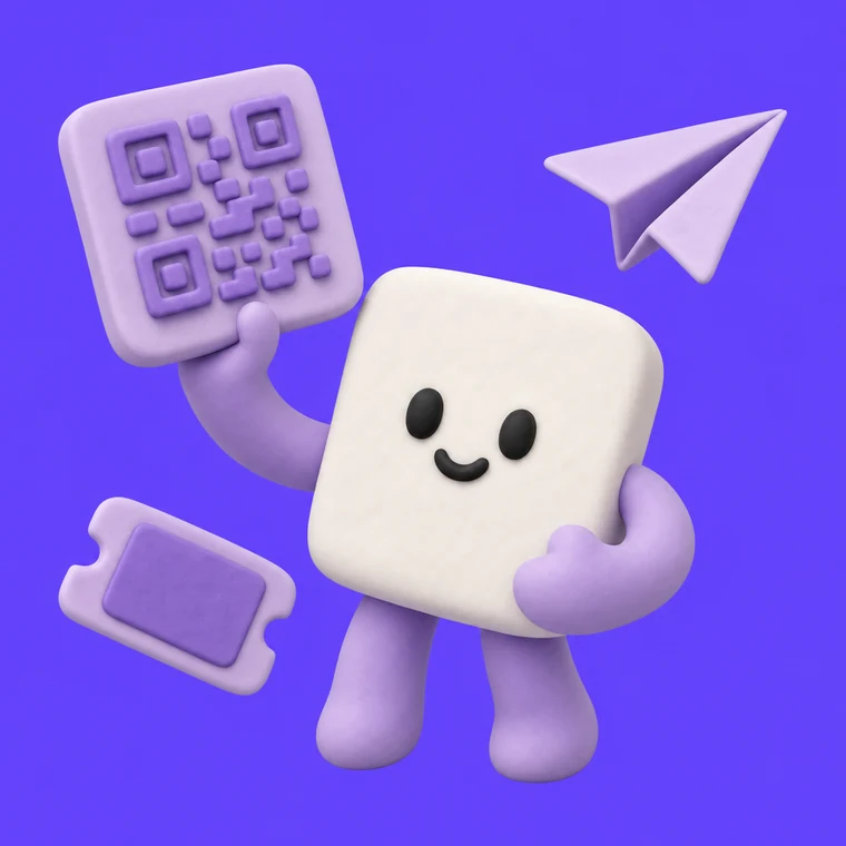 Un personnage-formulaire en argile qui brandit une tuile QR, avec un avion en papier et un ticket qui flottent à côté