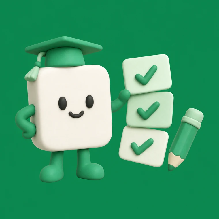 Un personnage-formulaire en argile souriant, avec un béret de diplômé, trois cartes de quiz cochées et un crayon